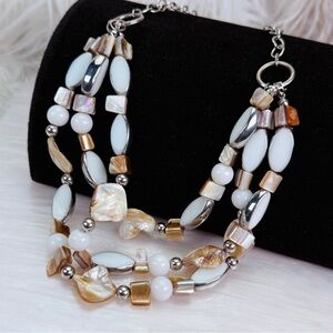 Vintage Silvertone Multi-Color Beaded three strand bohemian Island chic Necklace